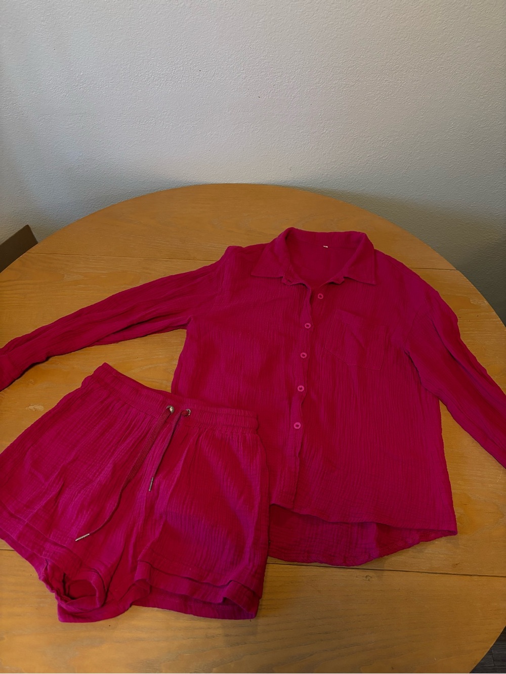 Fuchsia Two-Piece Button Shirt & Shorts Set